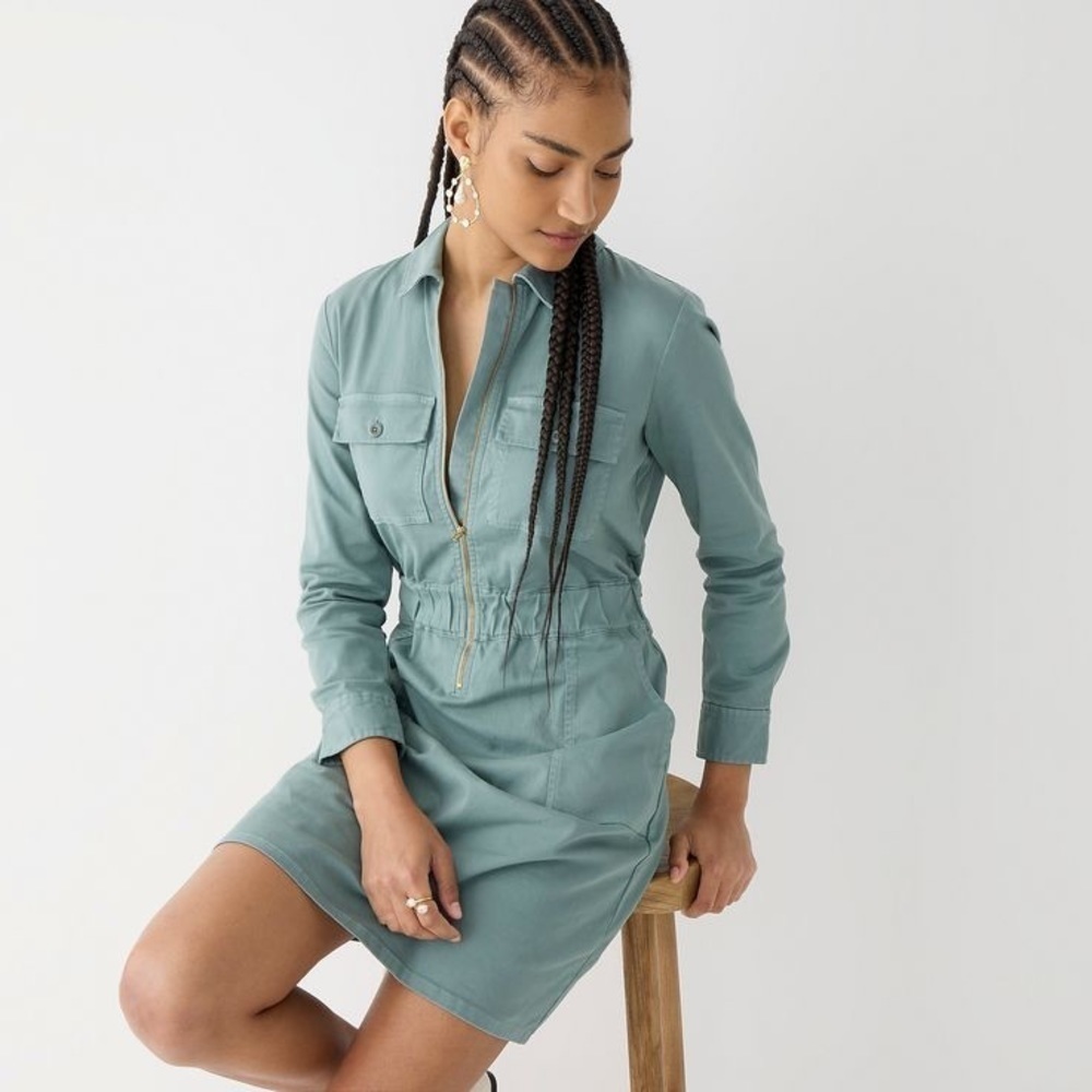 J.Crew Long-Sleeve Zip-Front Chino Dress in Faded Fatigue Sage